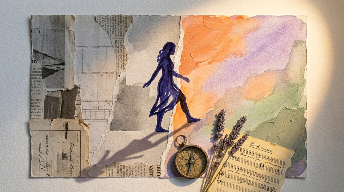 A collage showing a silhouette stepping from a grey, torn-paper background into a colorful watercolor landscape with botanical elements.
