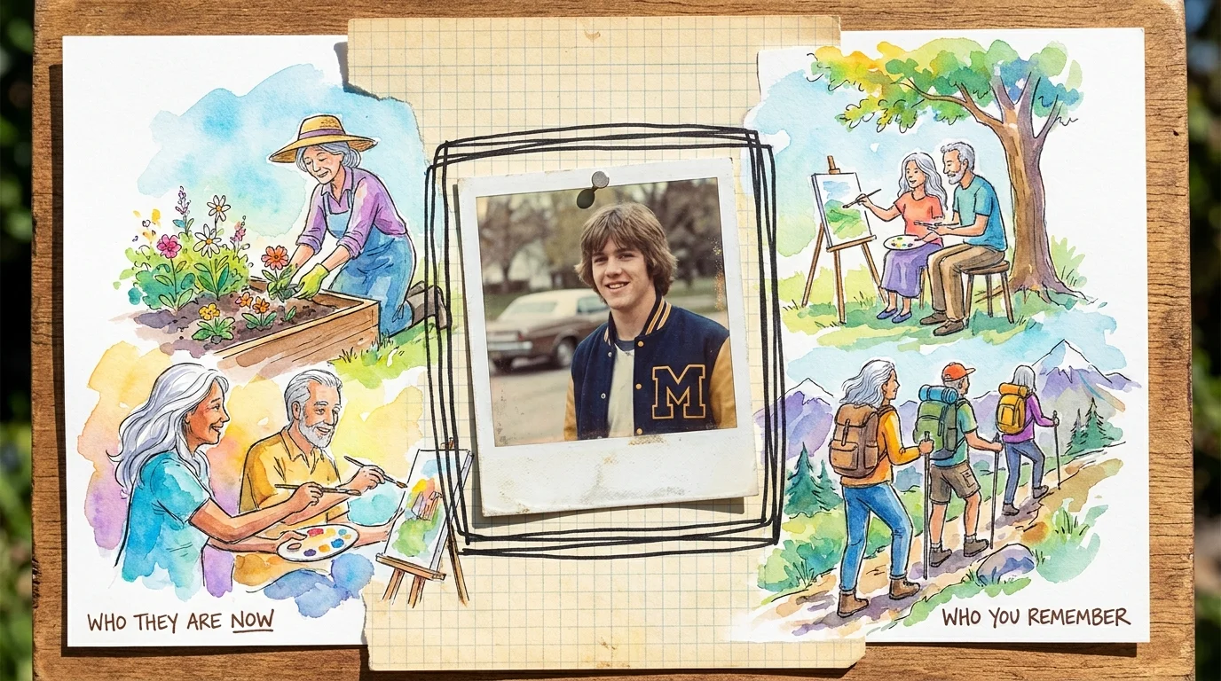 A collage showing a vintage photo of a young man inside a cage, surrounded by colorful drawings of active seniors.