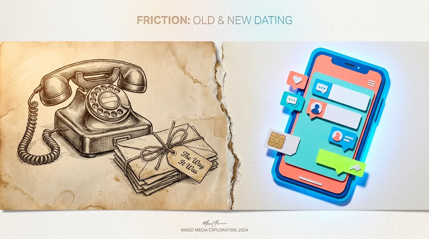 A collage showing a vintage rotary phone and letters on one side, and a modern smartphone on the other, separated by a torn edge.