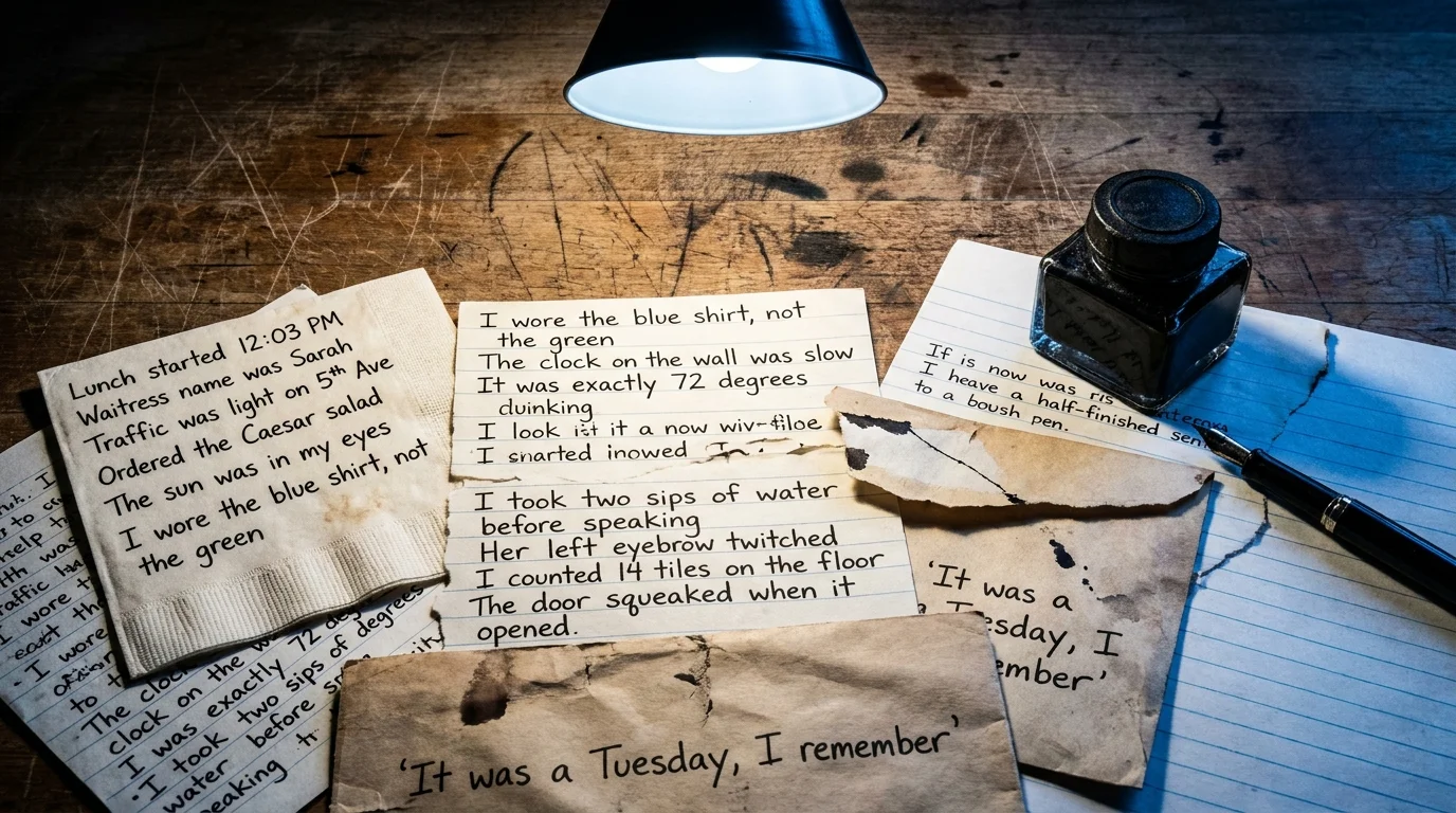 A collection of handwritten notes with overly detailed timestamps and descriptions, representing the 'alibi' of a cheating spouse.