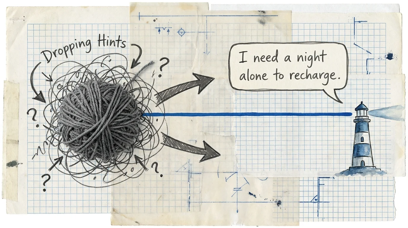 A conceptual collage showing a tangled knot of hints evolving into a clear, direct statement of needs.