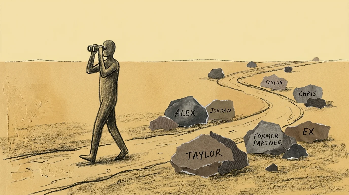 A conceptual illustration of a person walking away from a trail of debris labeled with past relationships, refusing to look back.