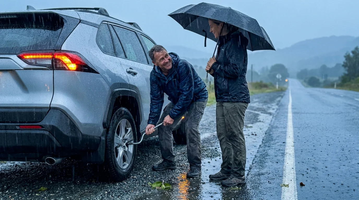 A couple calmly manages a flat tire on a rainy roadside, demonstrating teamwork and emotional regulation during a minor crisis.