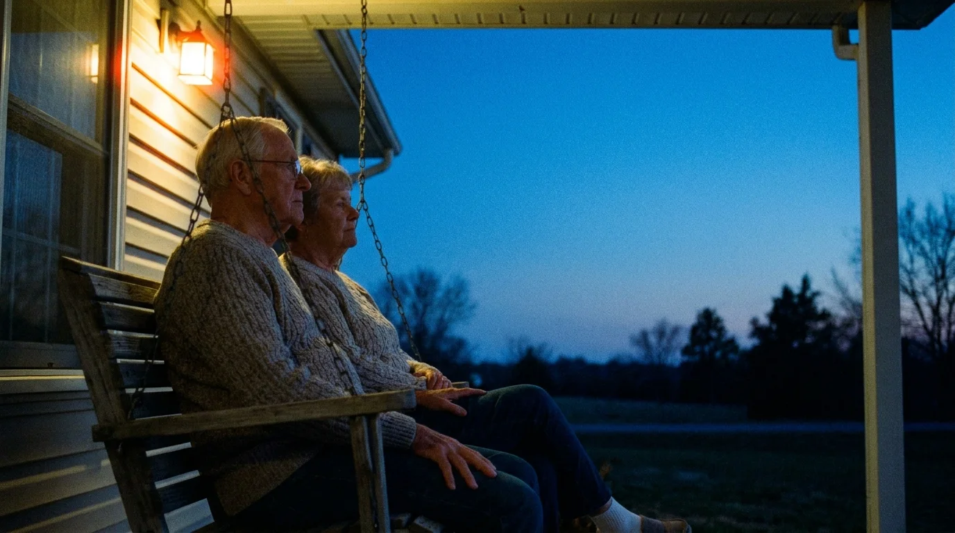 A couple sits together on a porch swing in the evening, comfortable in a moment of shared silence without the need for conversation.