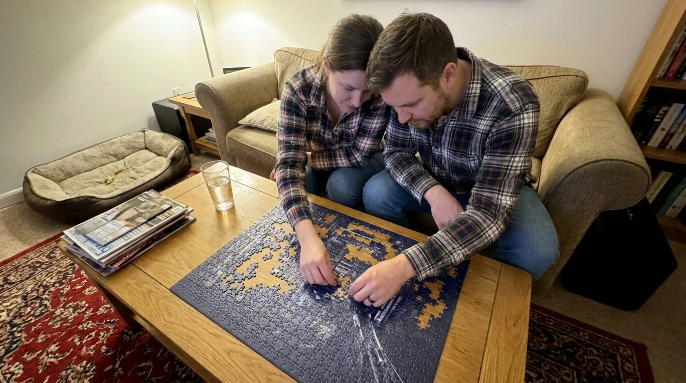 A couple working together on a jigsaw puzzle, symbolizing a collaborative approach to solving problems.