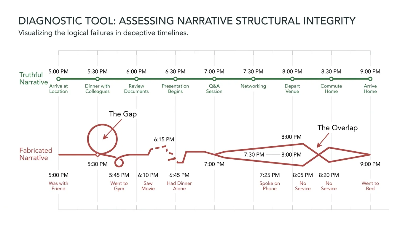 A diagram comparing a straight green timeline of truth to a tangled, looping red timeline of a lie.