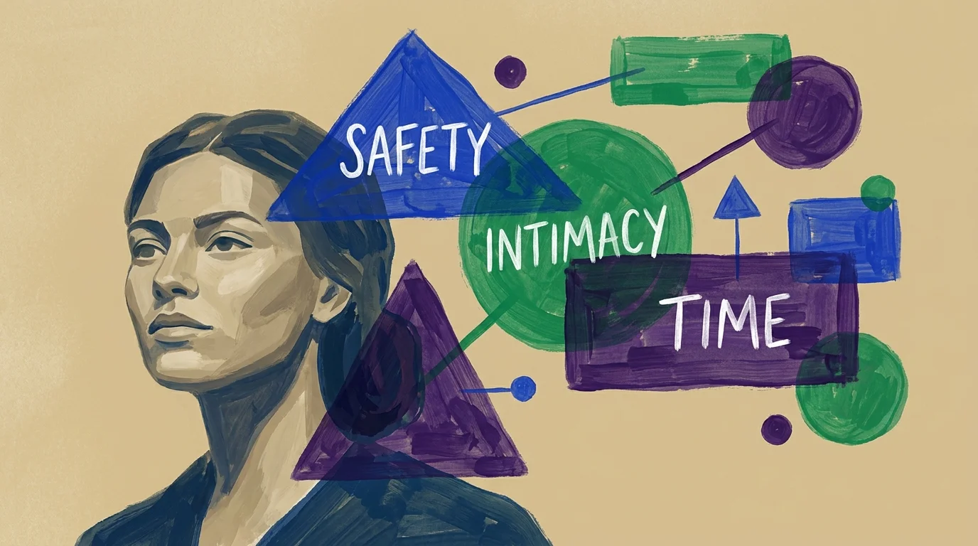 A gouache painting of a woman calmly communicating her needs, visualized as vibrant geometric shapes and clear text.