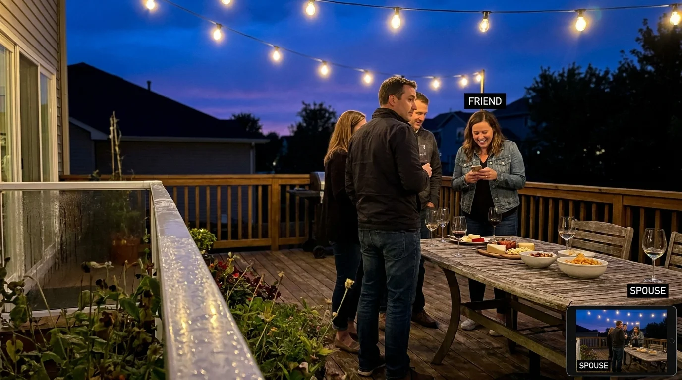 A group of people at a backyard party, with two individuals subtly angling their bodies toward each other despite standing apart.