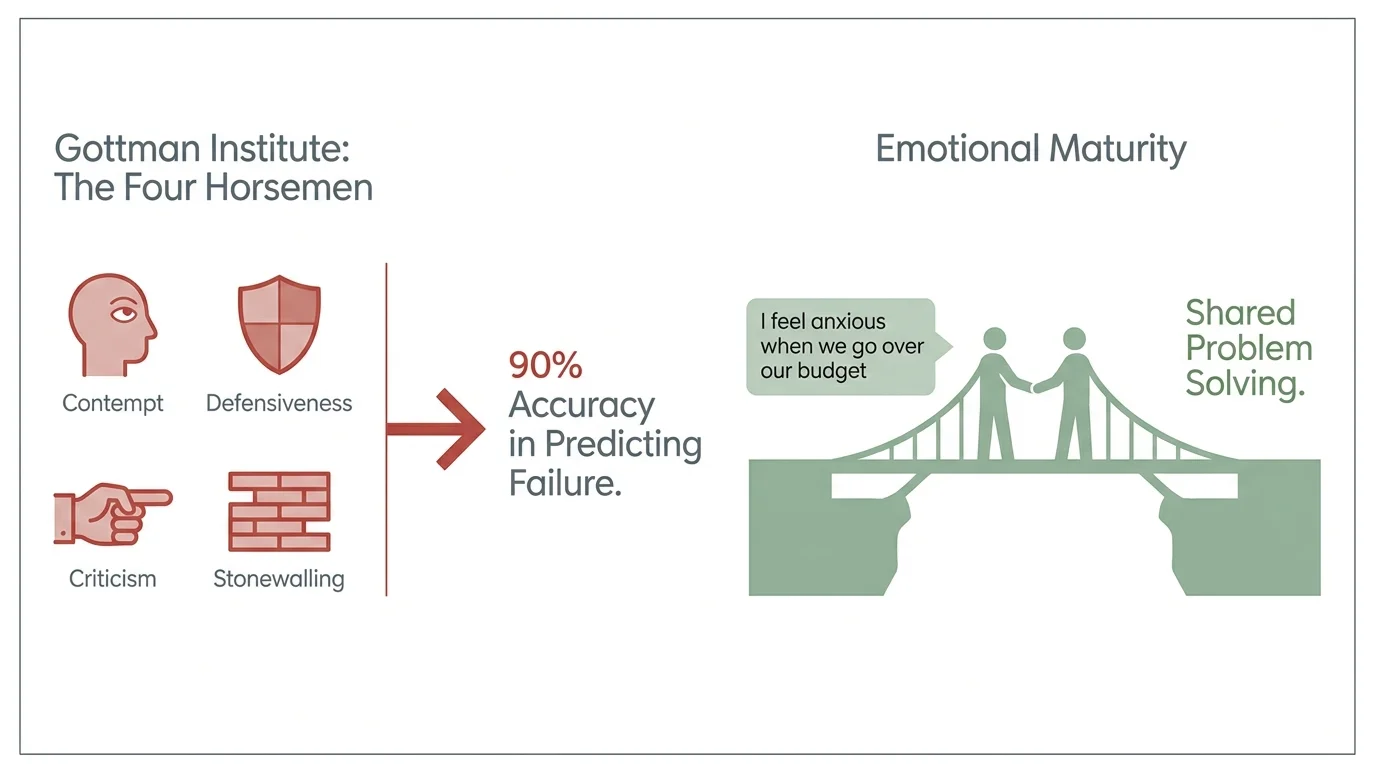 A horizontal diagram comparing toxic communication patterns like contempt to mature, collaborative problem-solving.