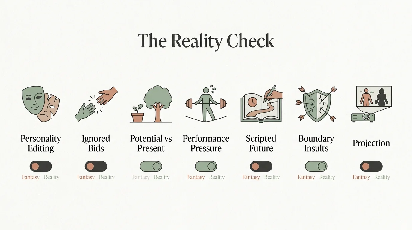 A horizontal infographic checklist of the 7 signs mentioned in the article, styled as a psychological assessment tool.