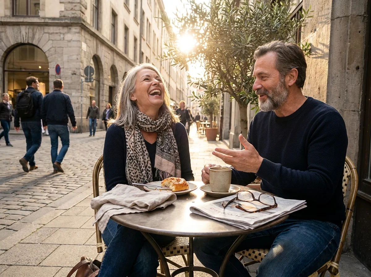 A man and woman in their 50s laughing together over coffee at a sunlit outdoor bistro table.