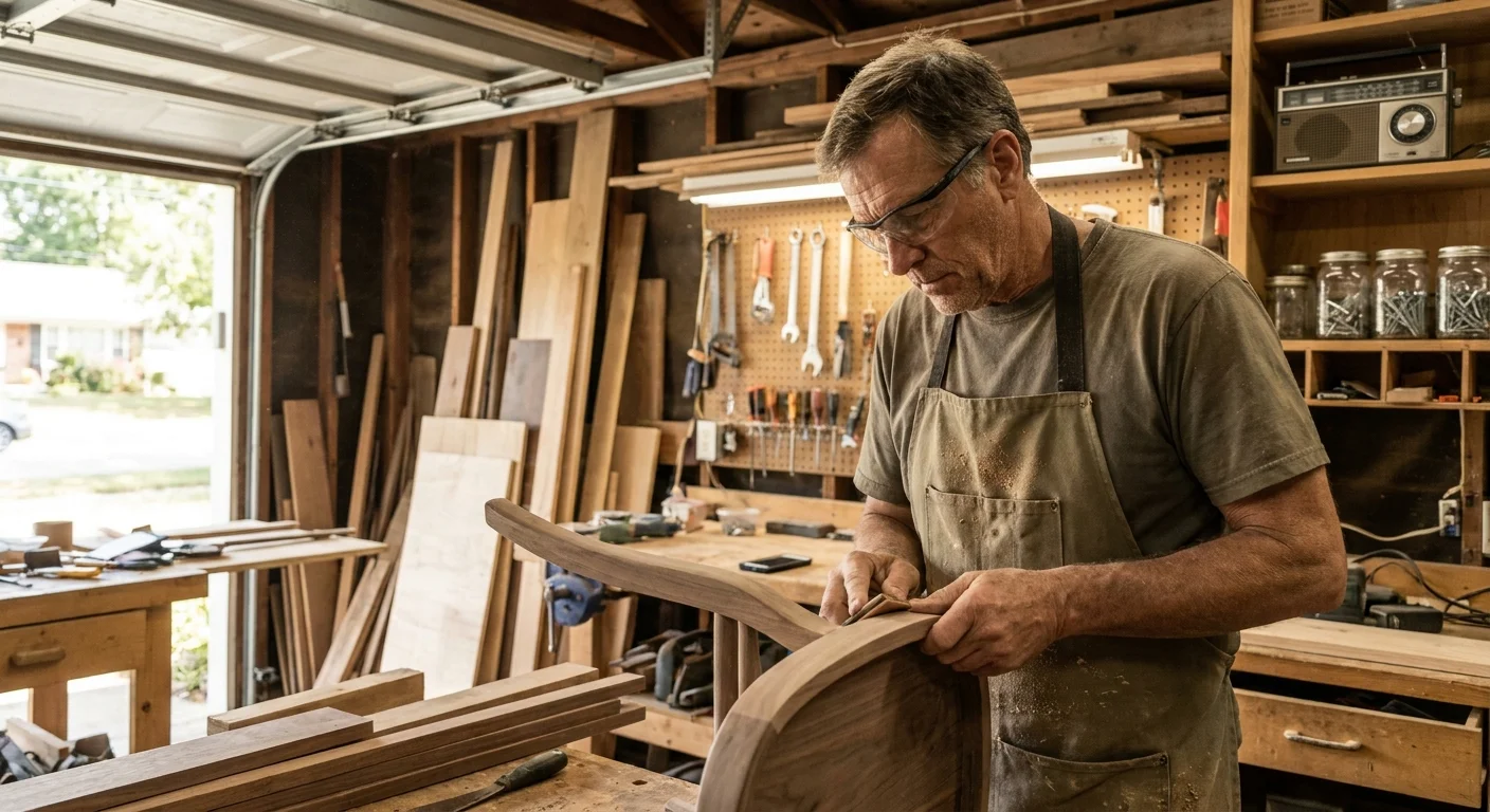 A man focuses on his woodworking hobby while his phone sits ignored in the background, showing confidence and independence.