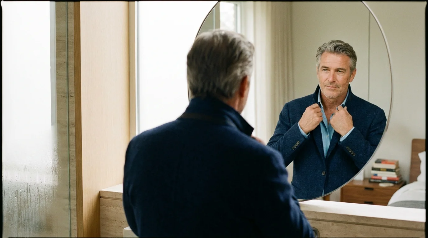 A man in his 50s looks at his reflection in a mirror while adjusting his blazer, appearing confident and ready for a date.