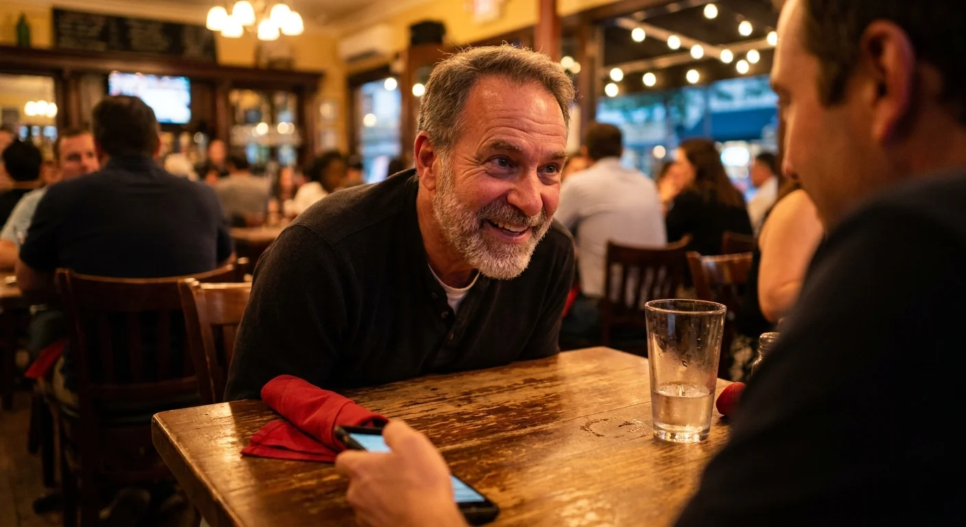 A man on a date leans in with a smile, oblivious to his date checking her phone and pulling away, ignoring obvious red flags.