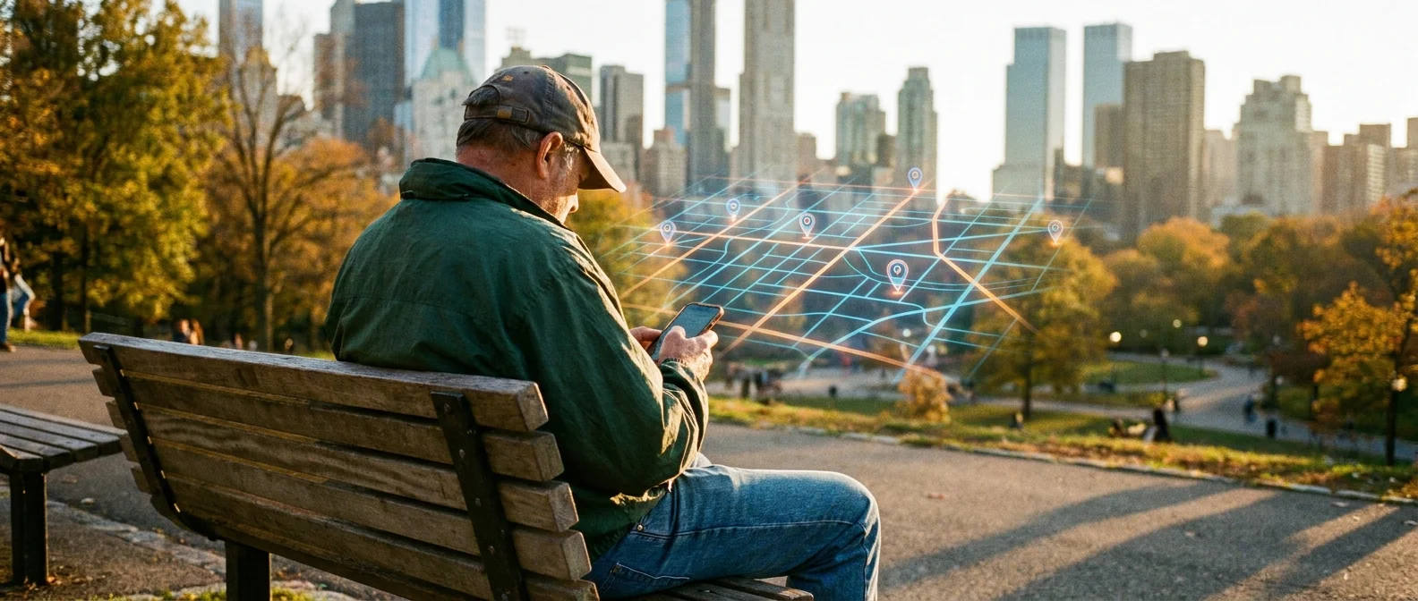 A man on a park bench looks at his phone as a digital map grid expands over the city skyline.