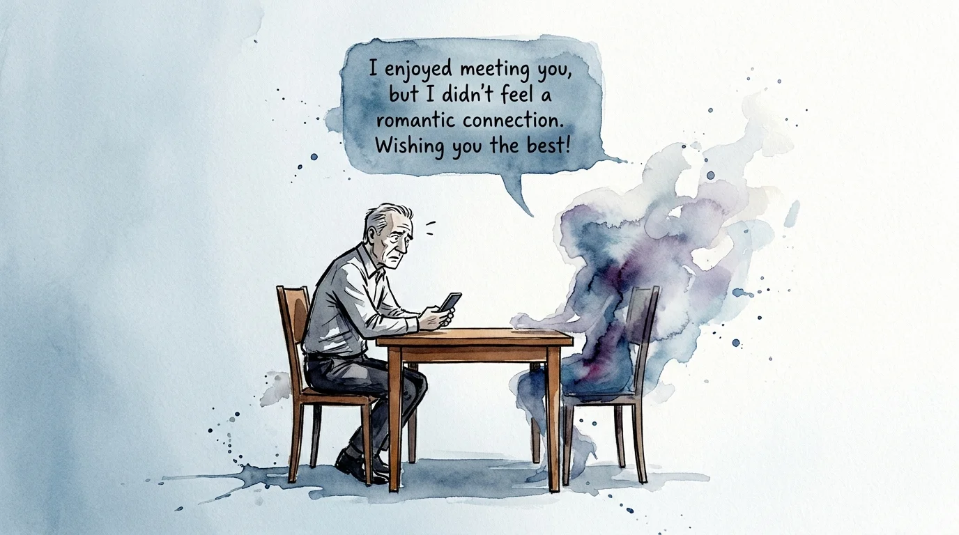 A man sits alone at a cafe table while a ghostly figure across from him fades away, symbolizing ghosting.