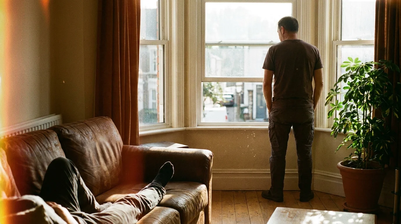 A man stands with his back to the room, looking out a window while ignoring someone on the sofa, showing emotional withdrawal.