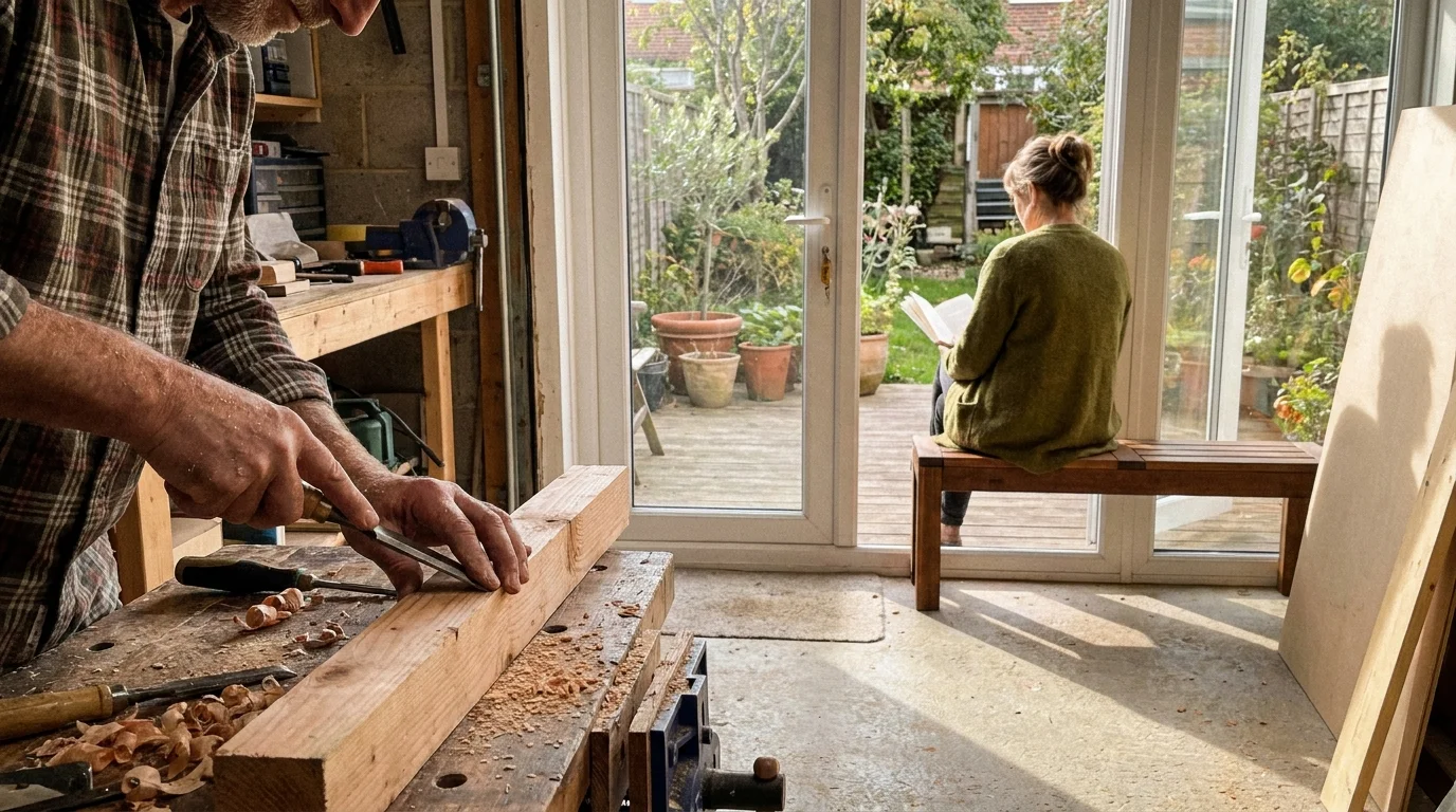 A man working on a hobby in the foreground while a woman reads in the background, showing healthy personal boundaries.