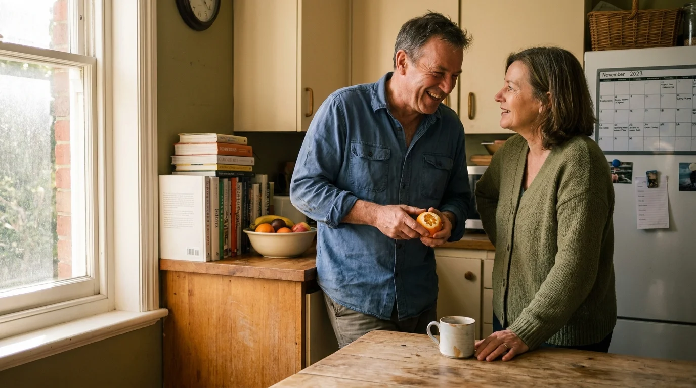 A mature couple in their 50s shares a candid, laughing moment in a sunlit kitchen, representing genuine connection and emotional safety.