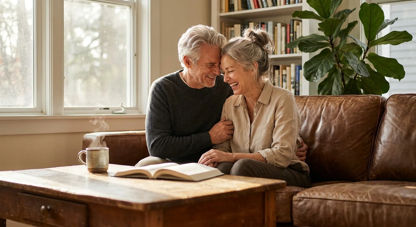 A mature couple in their 60s sharing a genuine, intimate laugh in a cozy, sunlit living room.