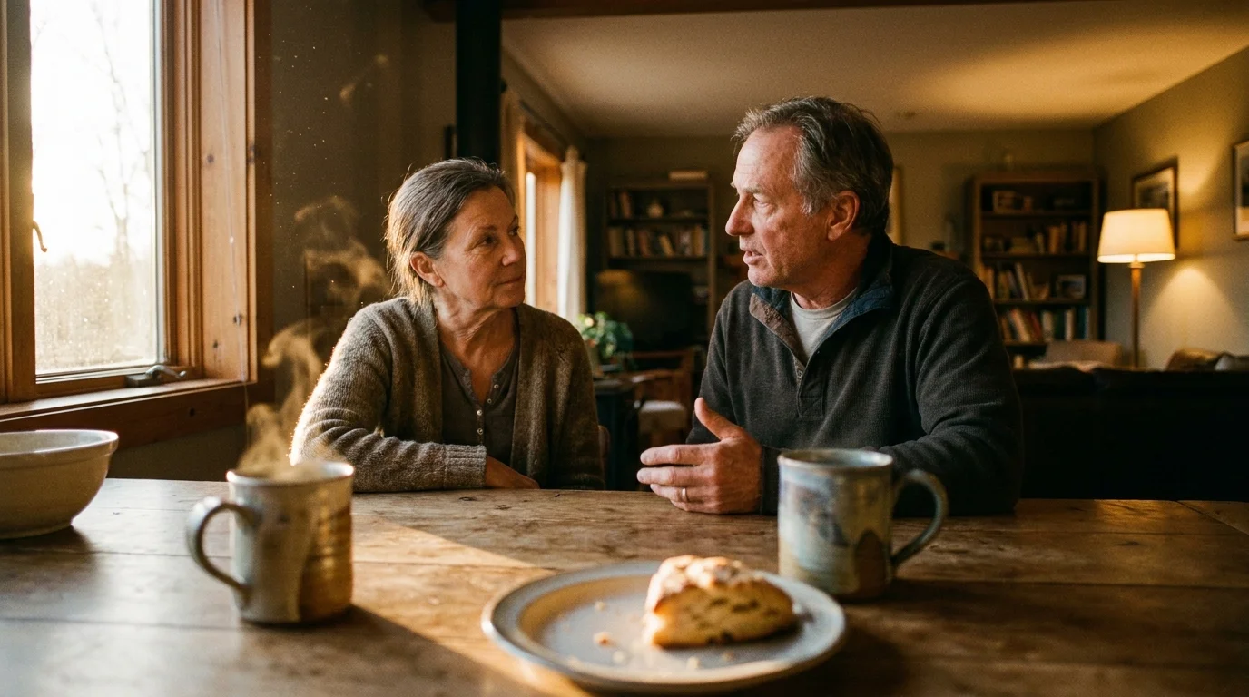 A mature couple sits at a sunlit kitchen table, one partner observing the other with thoughtful attention during a conversation.