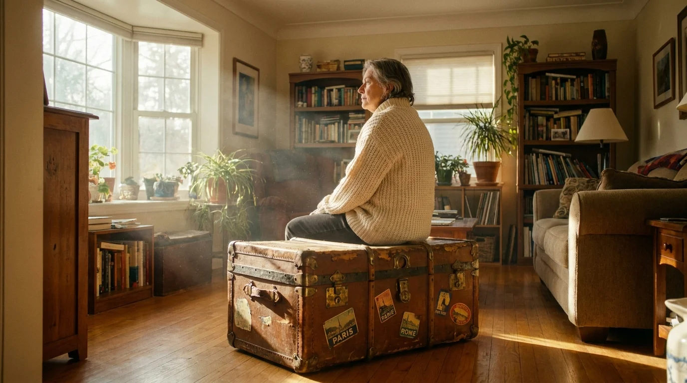 A mature person sits thoughtfully on an old leather trunk in a sunlit room, symbolizing the acceptance of one's life history.