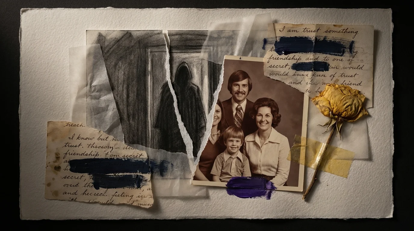A mixed-media collage featuring a torn family photo and a shadowy figure, symbolizing the betrayal of an affair with a close friend.