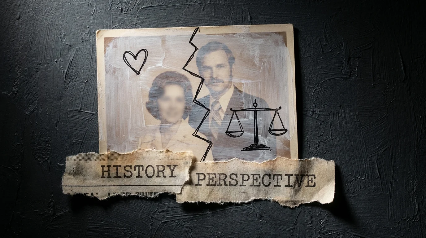 A mixed-media collage featuring an old photograph and symbols of balance, representing how people discuss their past relationships.