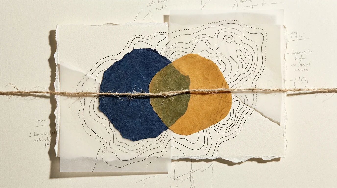 A mixed-media collage with overlapping paper shapes and ink lines representing the delicate process of negotiating boundaries in a relations
