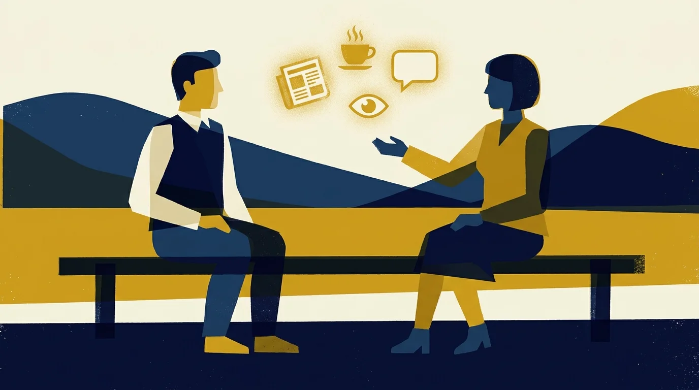 A screenprint-style illustration of two people on a bench with glowing icons representing small bids for emotional connection.