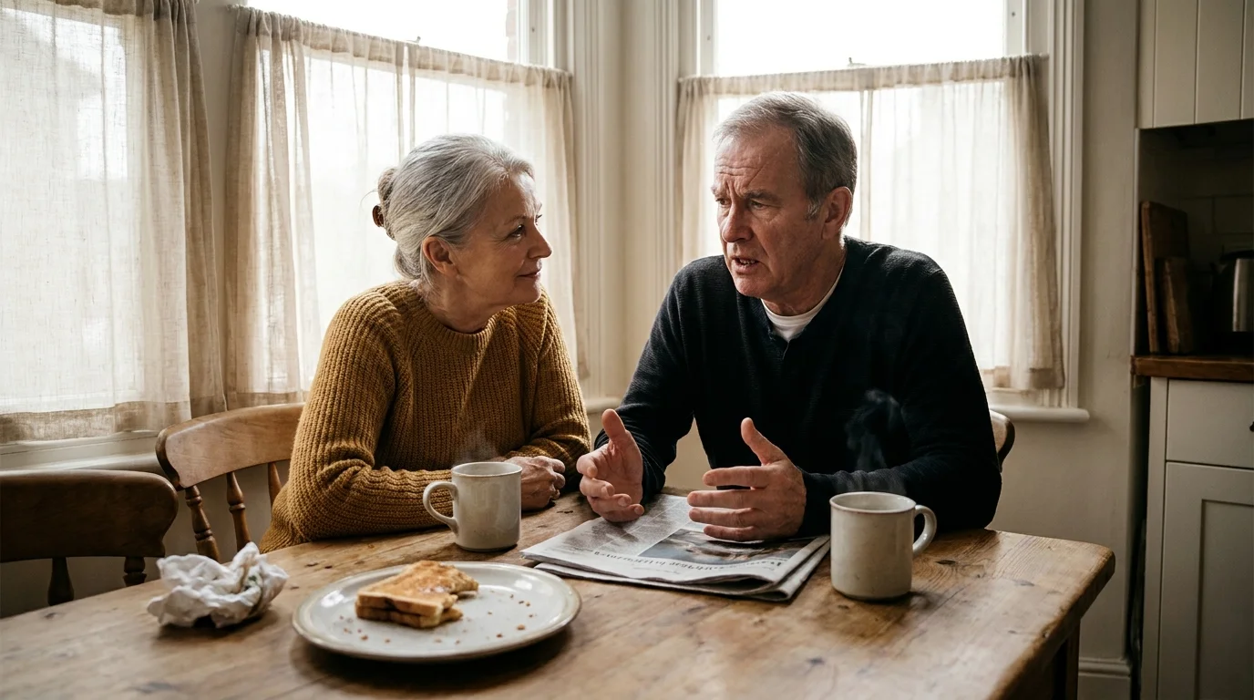 A senior couple in a candid moment at their kitchen table, looking at each other with deep attention and presence.
