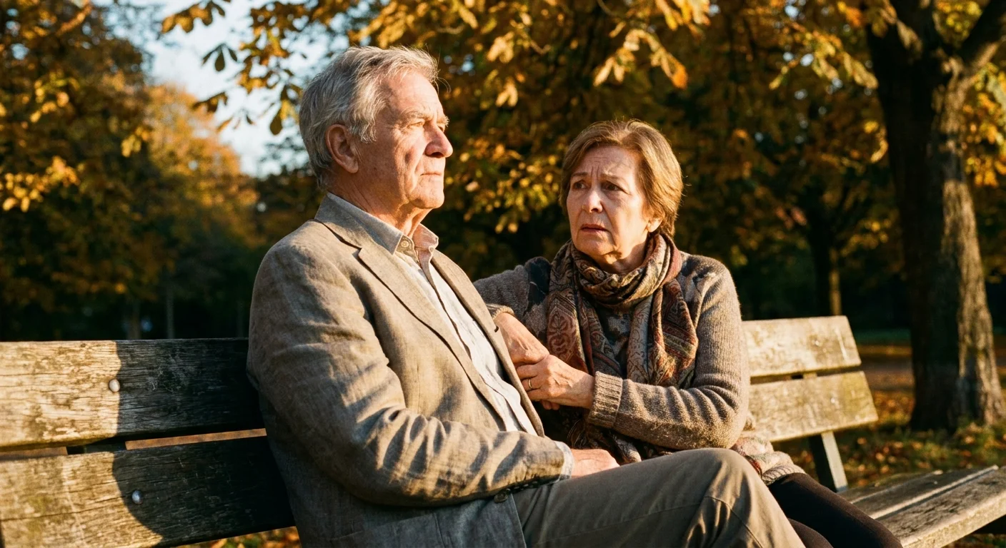 A senior couple sits on a park bench at sunset, looking in different directions with a visible emotional gap between them.