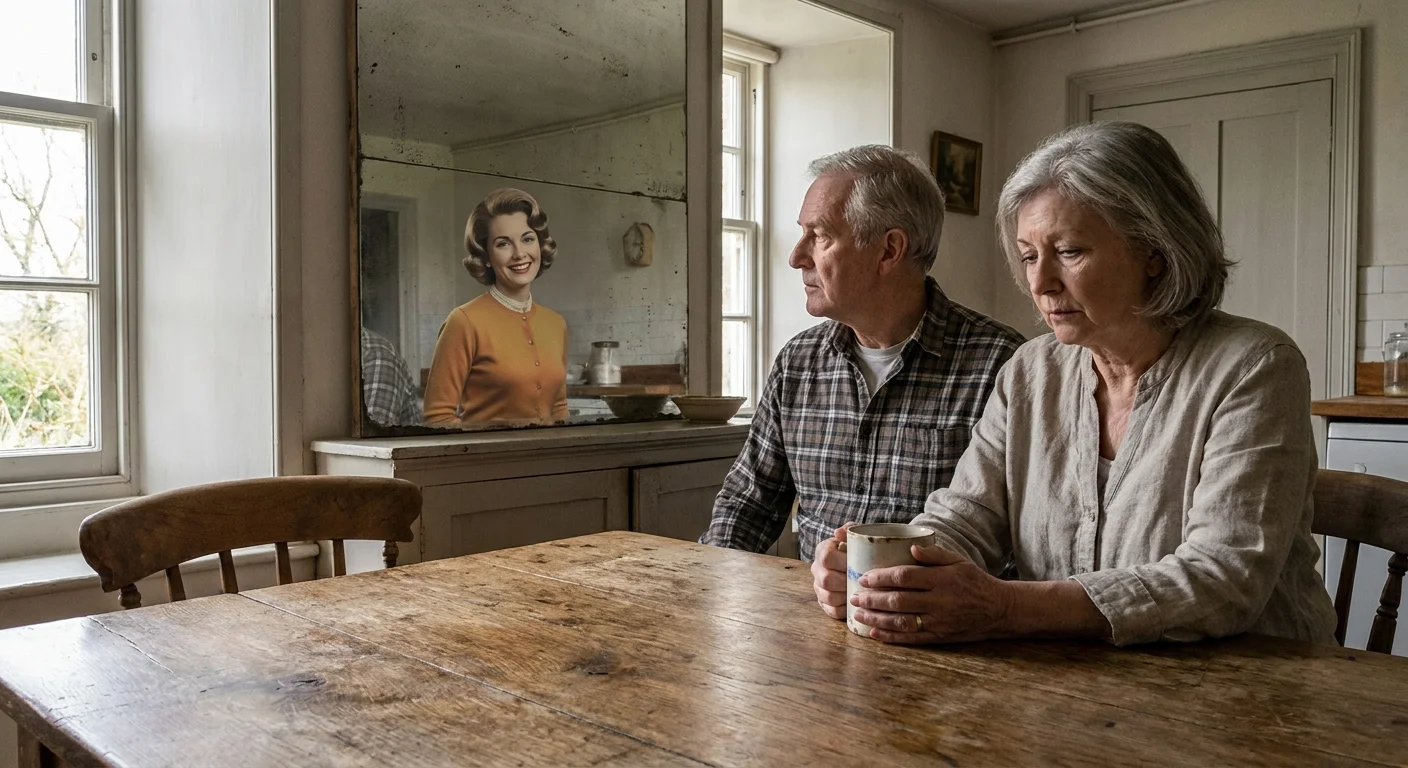 A senior man looks at his wife while her reflection in a mirror shows an idealized, younger version of her, highlighting a disconnect.