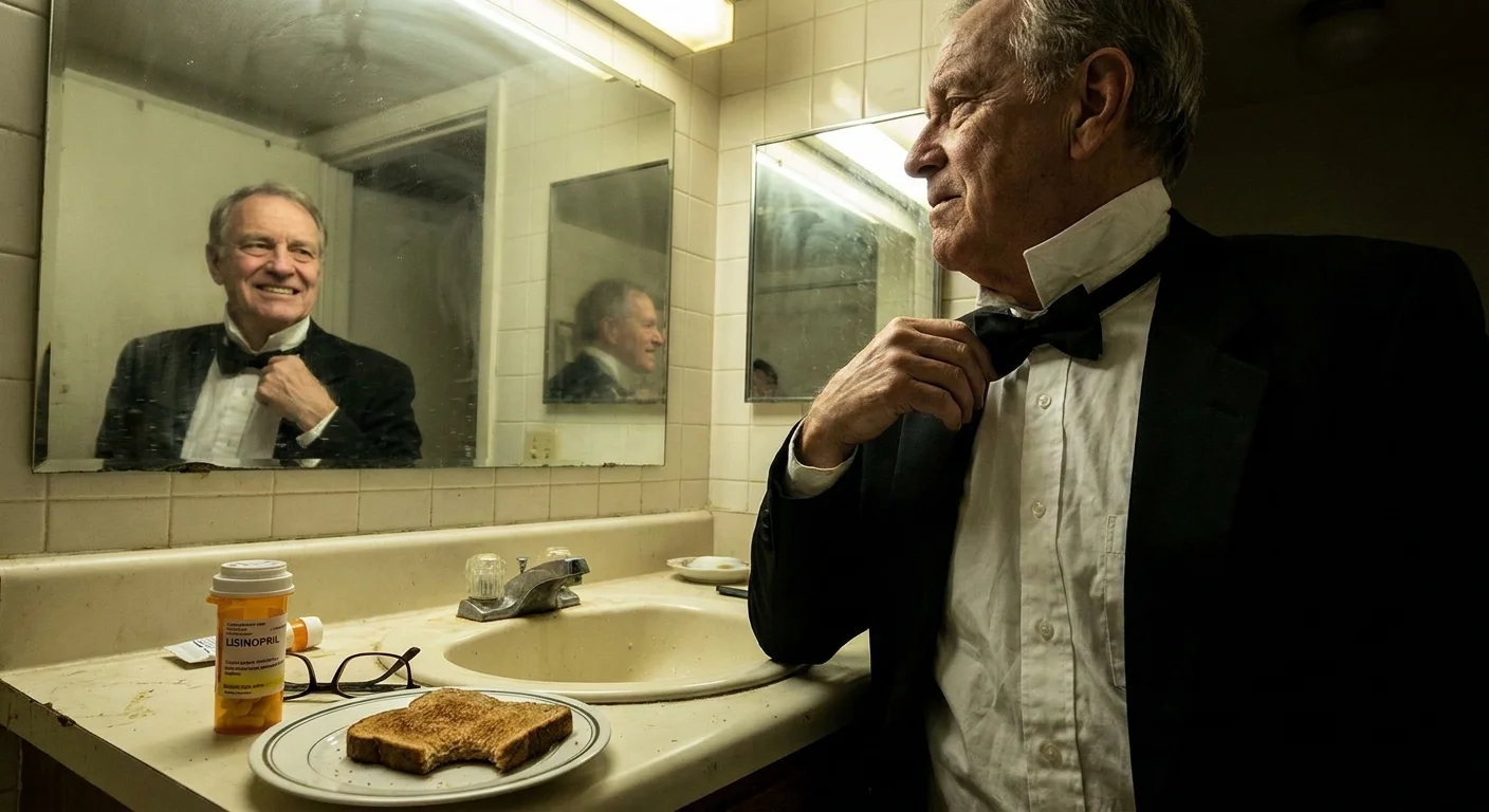 A senior man looks exhausted in a bathroom mirror while putting on a tuxedo, highlighting the strain of performing for a partner.