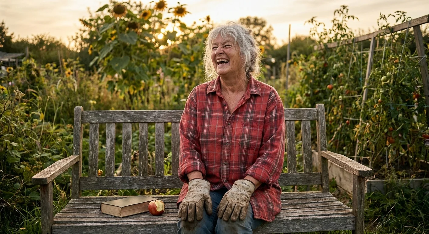 A senior woman laughing in her garden, looking authentic and messy and happy, reclaiming her true self.