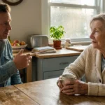A senior woman looks at her partner with a skeptical expression during a conversation in their sunlit kitchen.