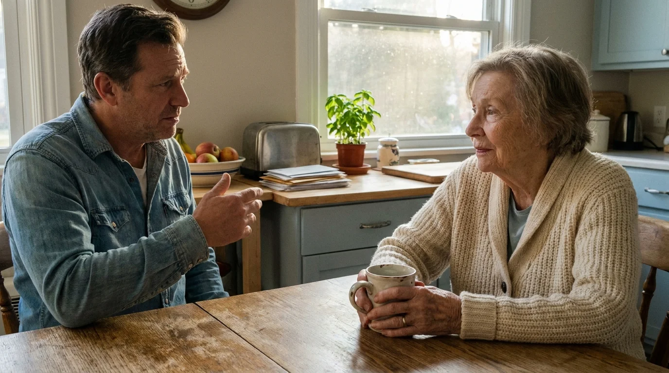 A senior woman looks at her partner with a skeptical expression during a conversation in their sunlit kitchen.
