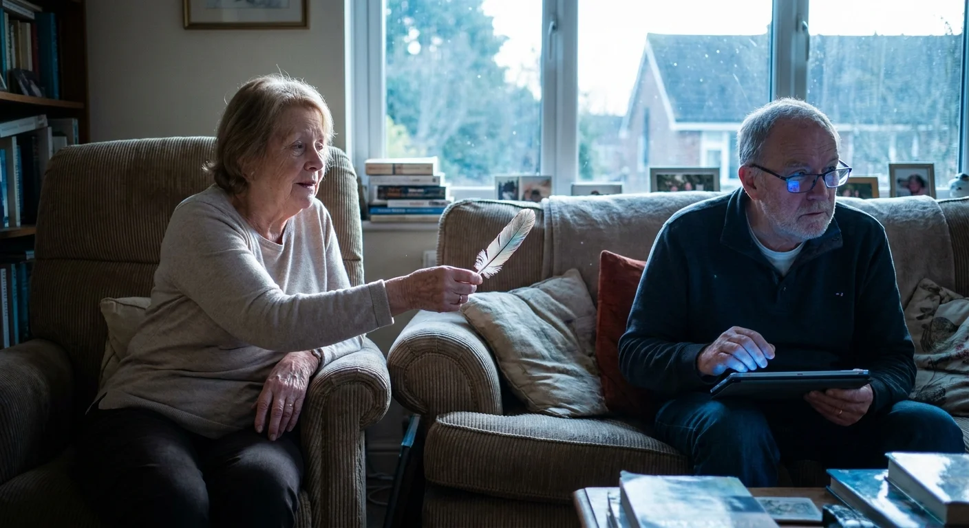 A senior woman offers a small gesture of connection to her partner, who remains distracted by his tablet, ignoring her.