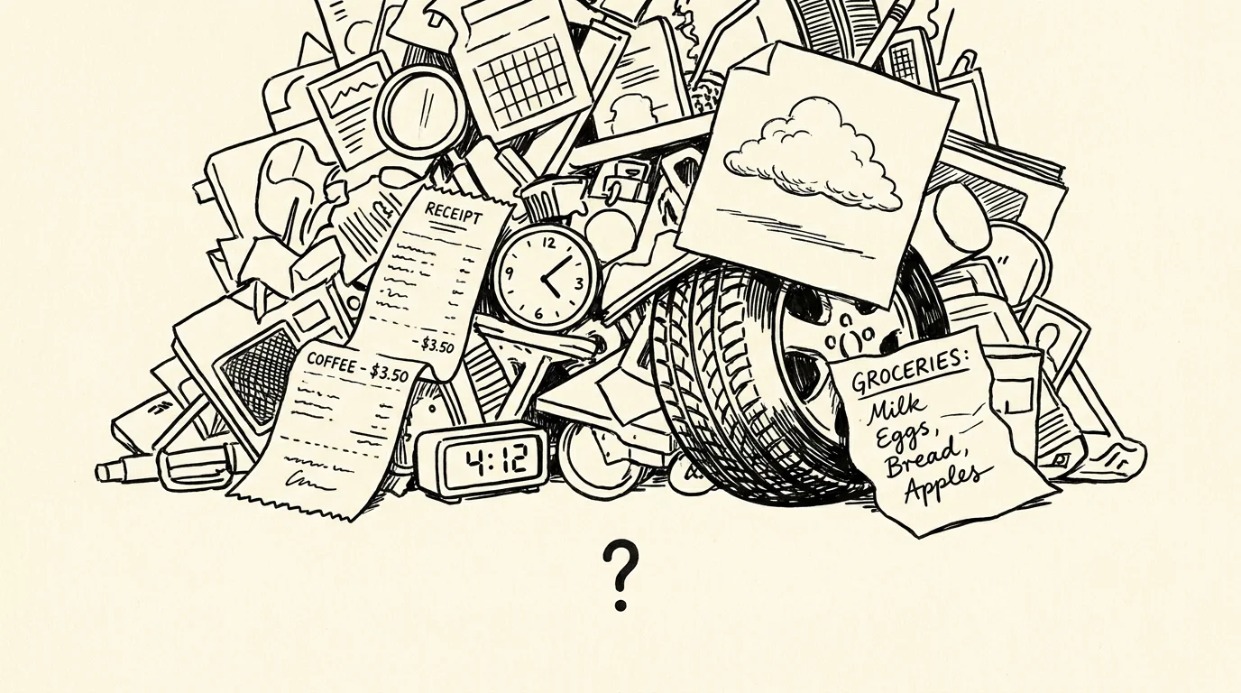 A simple question mark buried under a massive pile of tiny, overly detailed drawings of random objects.