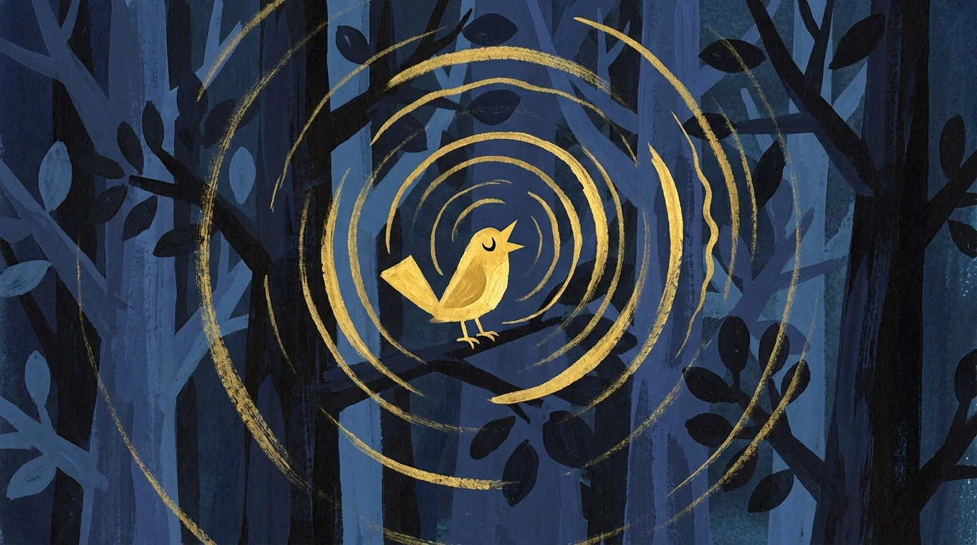 A small golden bird singing brightly in a dark, indigo forest, with golden waves of sound clearing the air.
