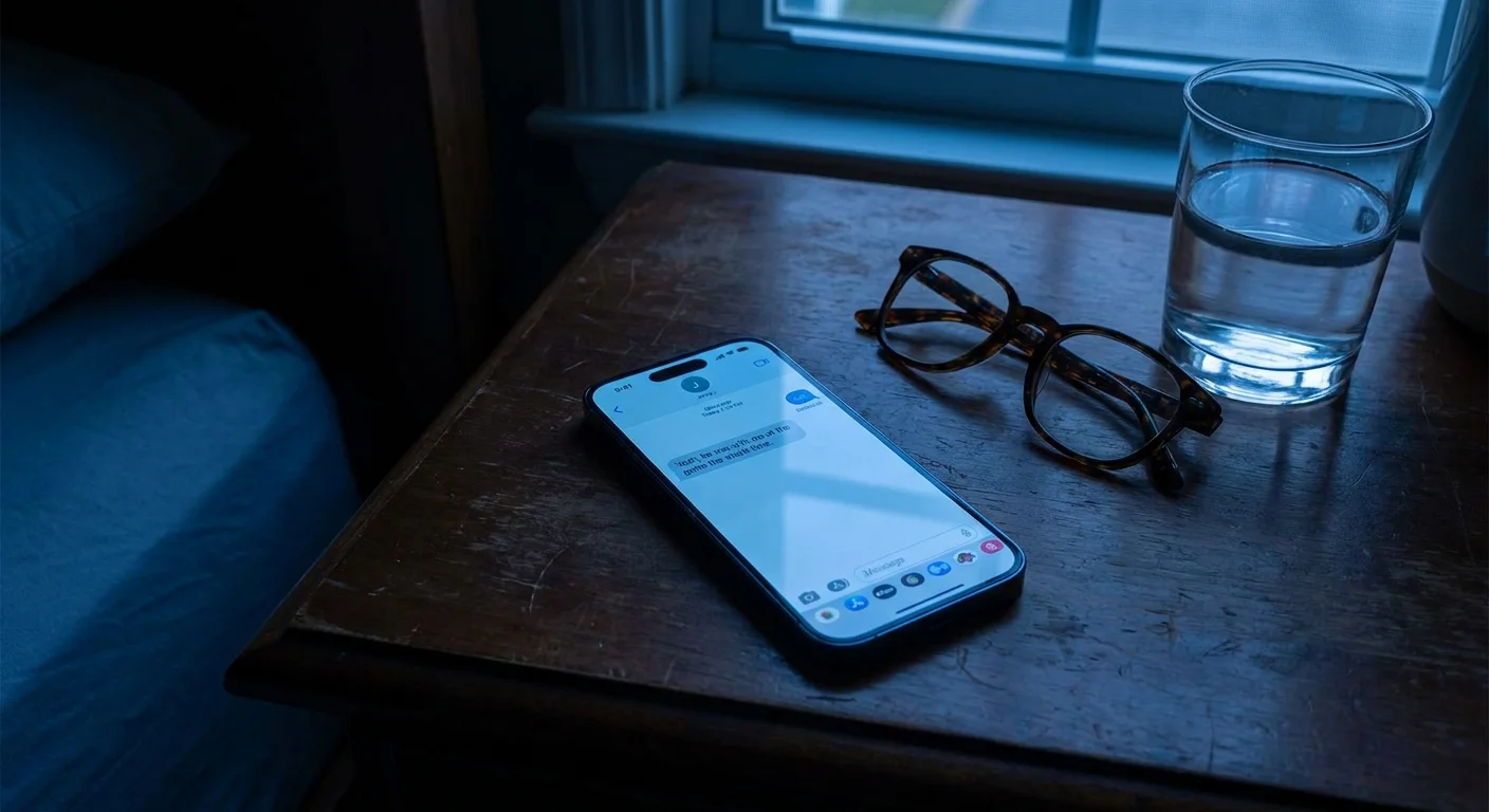 A smartphone on a nightstand showing a text message alibi from a friend named Jerry.