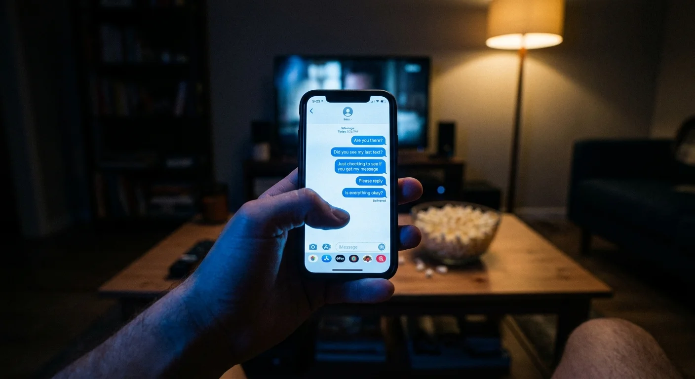 A smartphone screen shows a long string of unanswered outgoing texts, illustrating the mistake of over-texting a new partner.