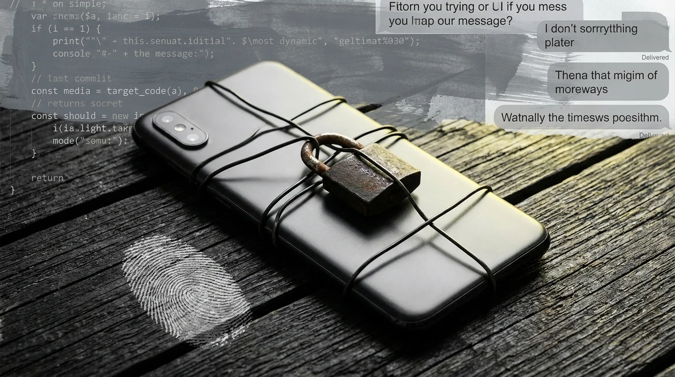 A smartphone wrapped in wire with a small padlock on it, symbolizing a spouse's hyper-protectiveness over their phone.
