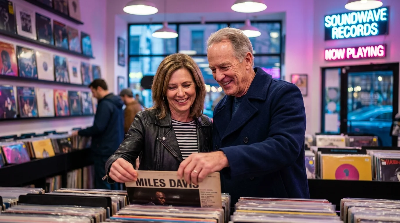 A stylish couple with a visible age difference laughs together while looking at records in a vibrant music shop.