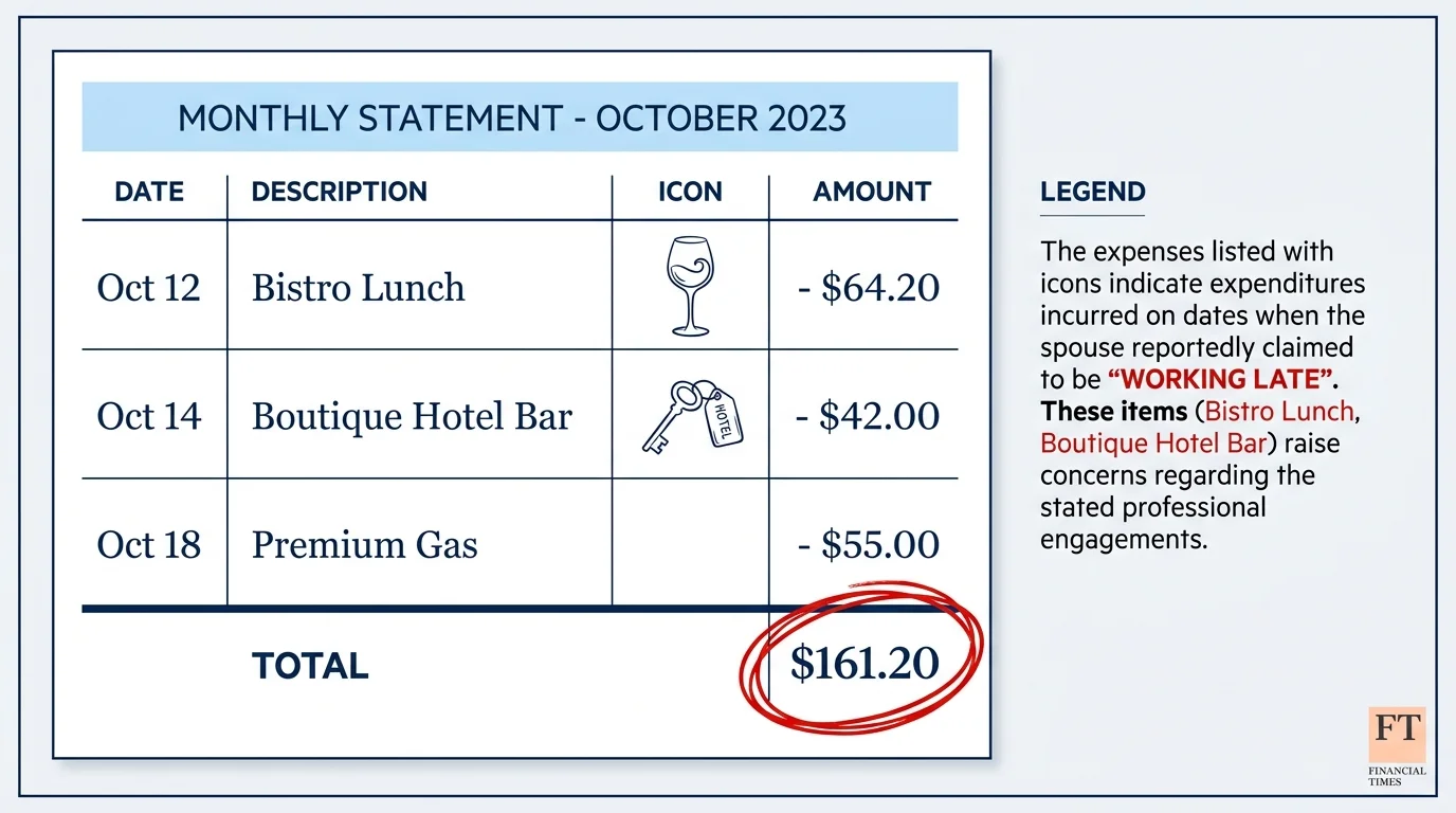 A stylized bank statement with highlighted charges for lunch and bars, illustrating financial inconsistencies.