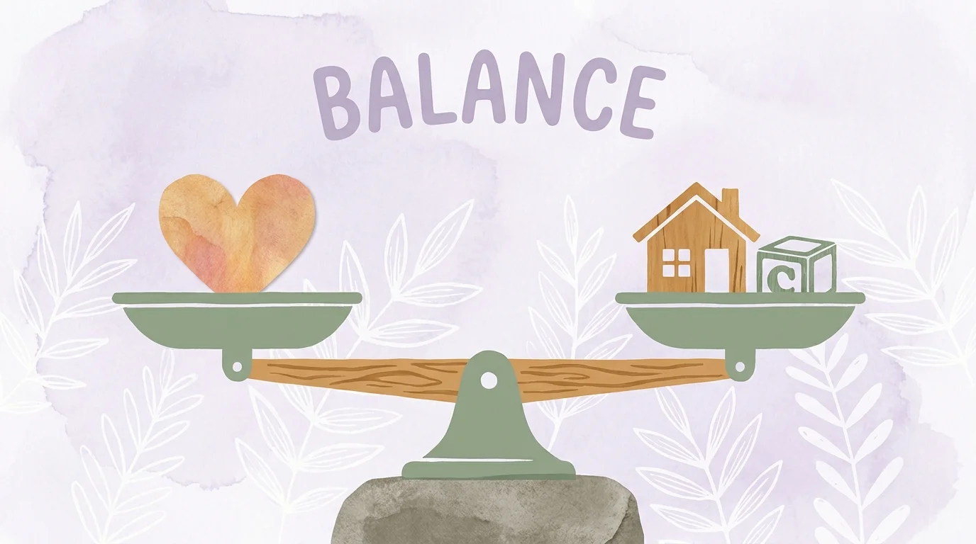 A stylized scale balancing a heart and family symbols, representing the healthy integration of romance and family life.