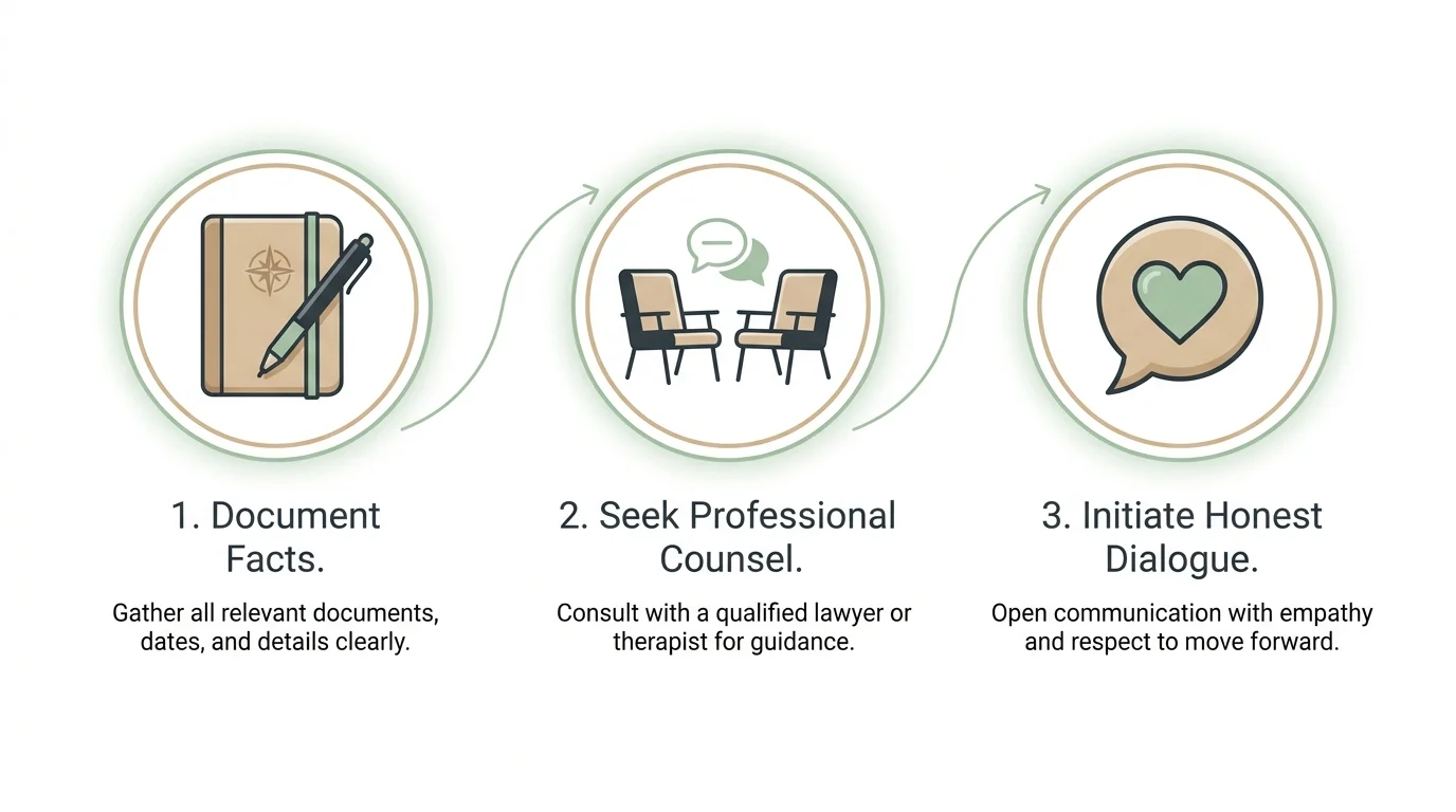 A three-step infographic showing a notebook, counseling chairs, and a speech bubble to represent steps for finding clarity.