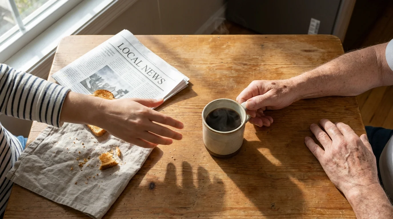 A top-down photo of hands at a kitchen table, where one person pulls their coffee mug away as the other reaches into their space.