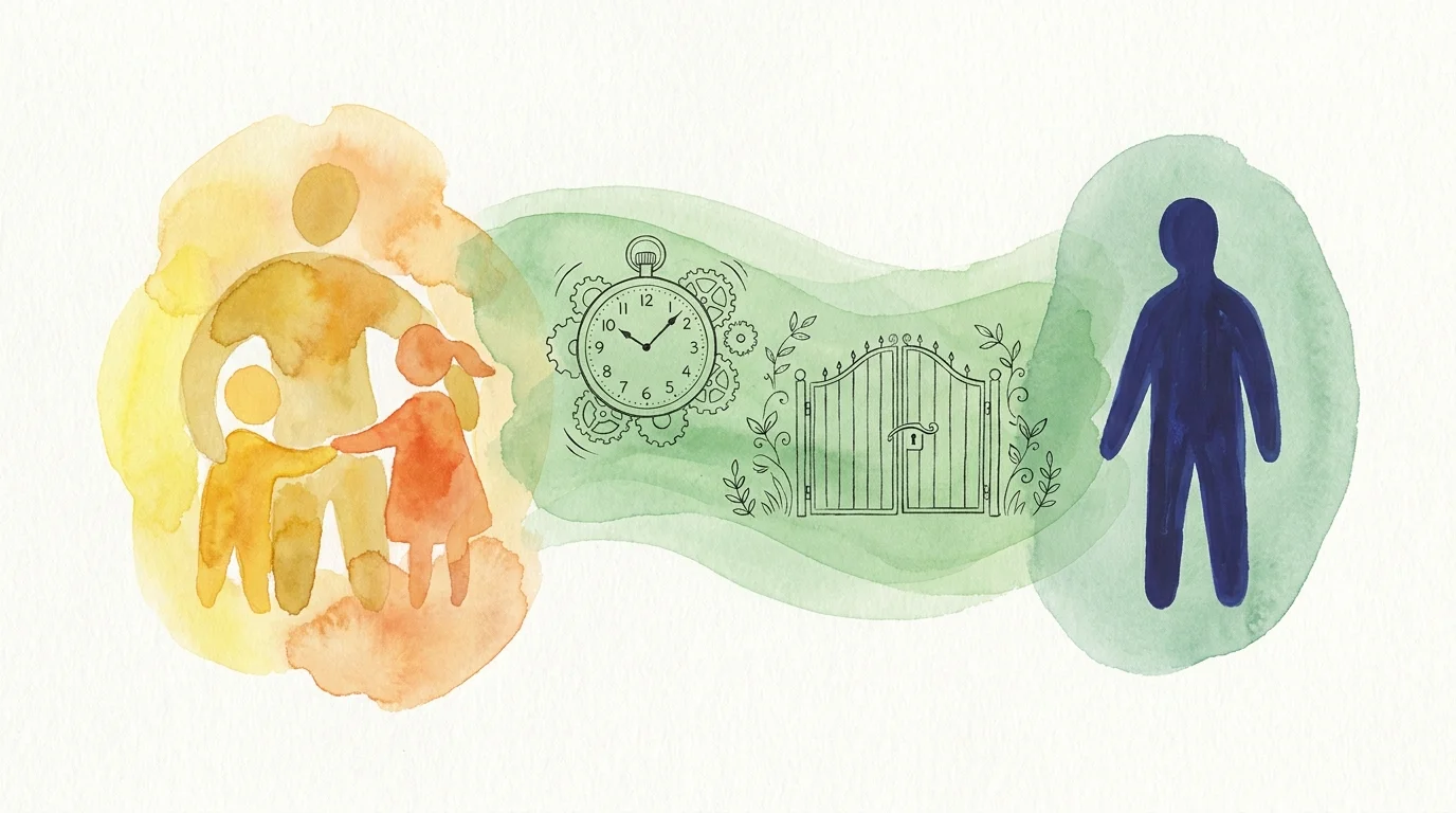 A watercolor illustration showing a family group on one side and a new person on the other, separated by a green buffer zone and a clock.