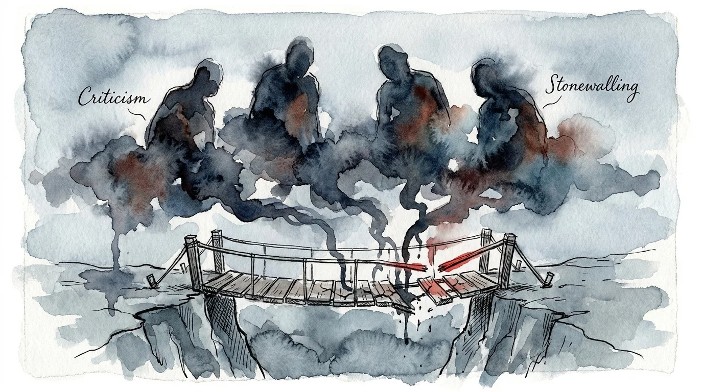 A watercolor painting of four dark, abstract figures representing communication mistakes approaching a fragile ink-drawn bridge.